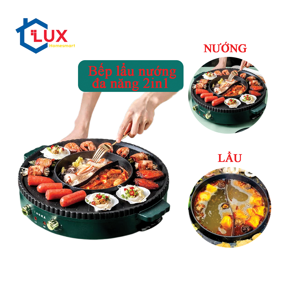 Bếp nướng lẩu đa năng 2 in 1 X2000, nồi lẩu nướng điện không khói 2 ngăn chống dính công suất 1500W cao cấp