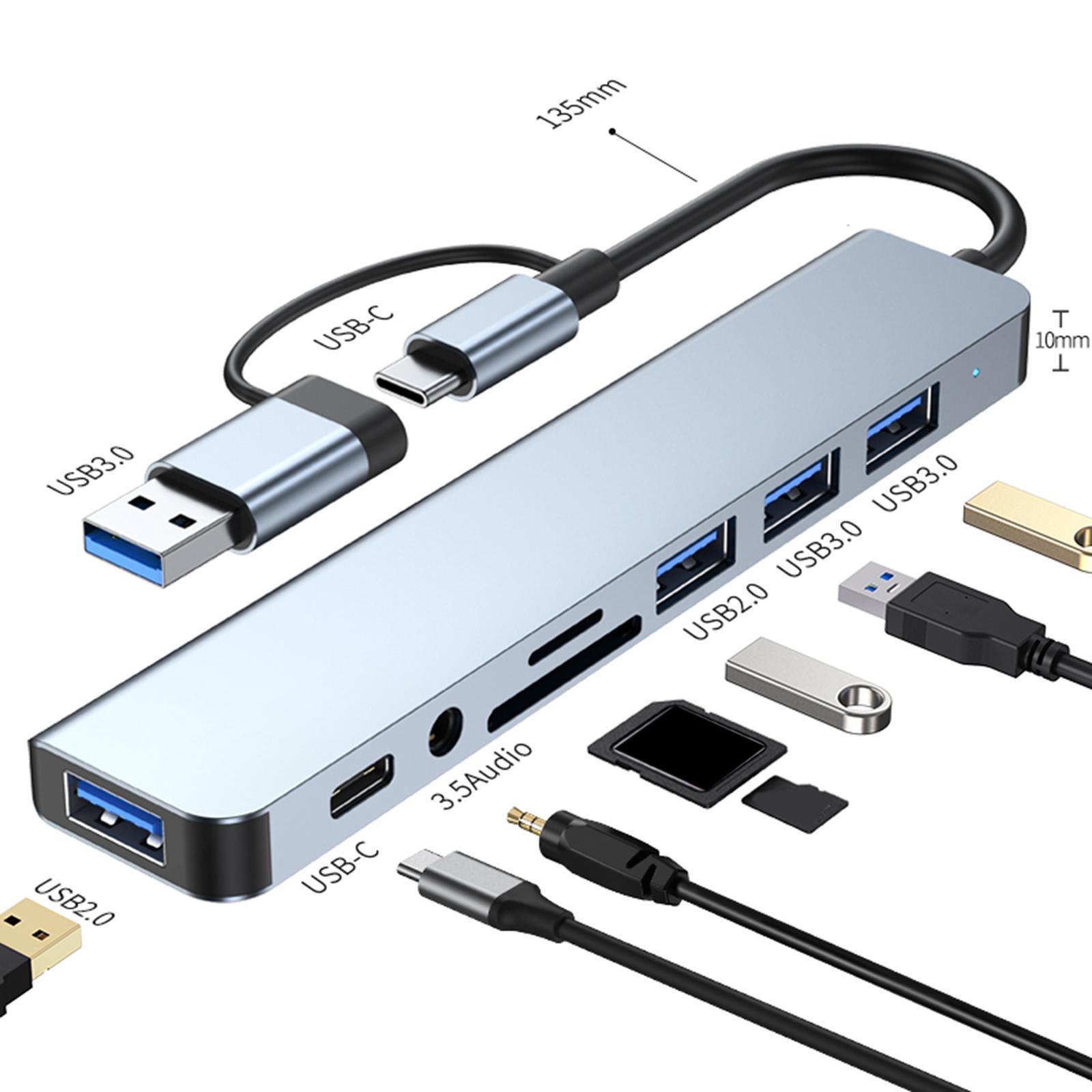 USB Type C Hub Adapter, Laptop Docking Station, USB3.0 USB C Aluminum Alloy 8 in 1 8 Port Hub Multiport Adapter for Type C Notebooks