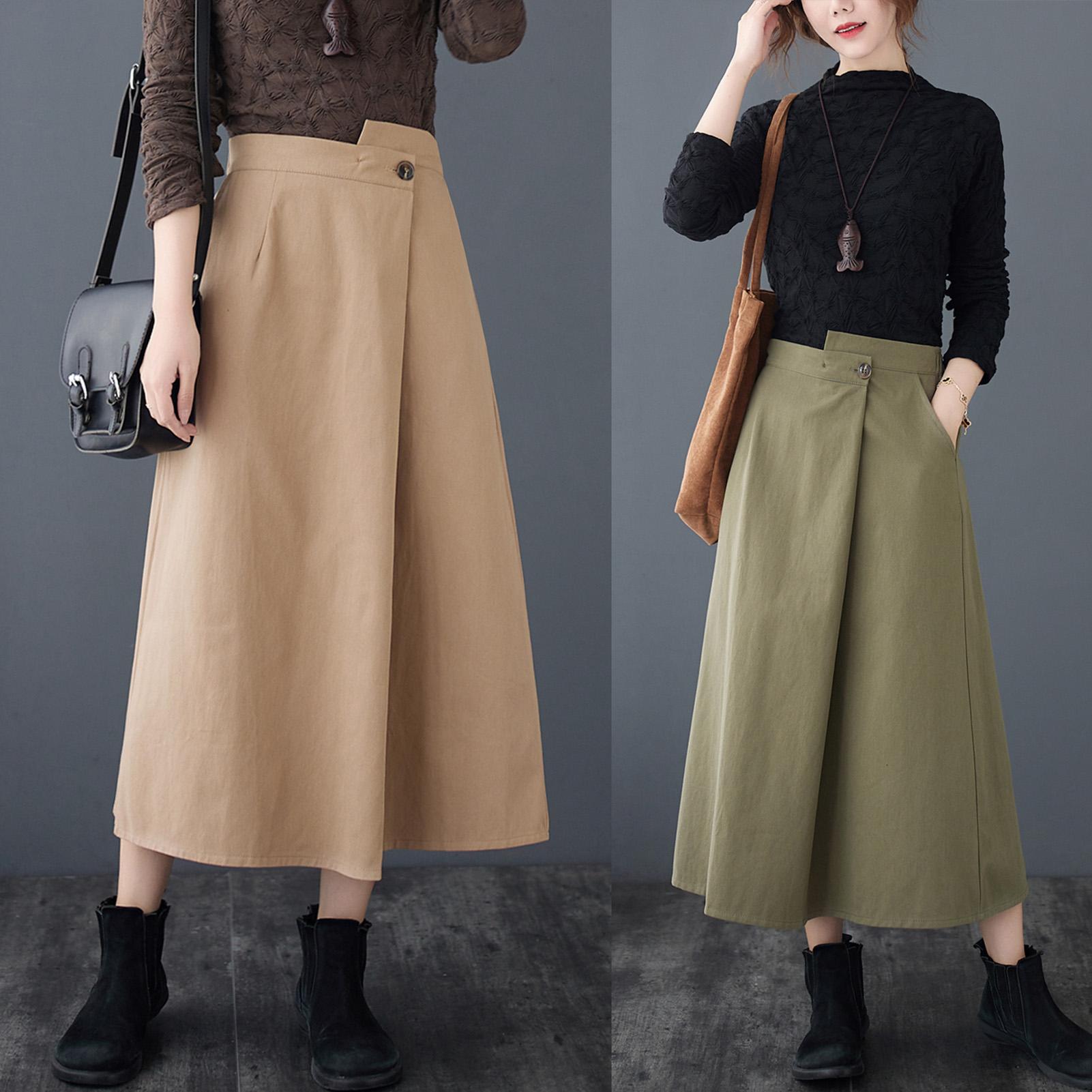 Women Vintage Skirt Irregular High Elastic Waist Pockets Plus Size Casual Loose A Line Skirt