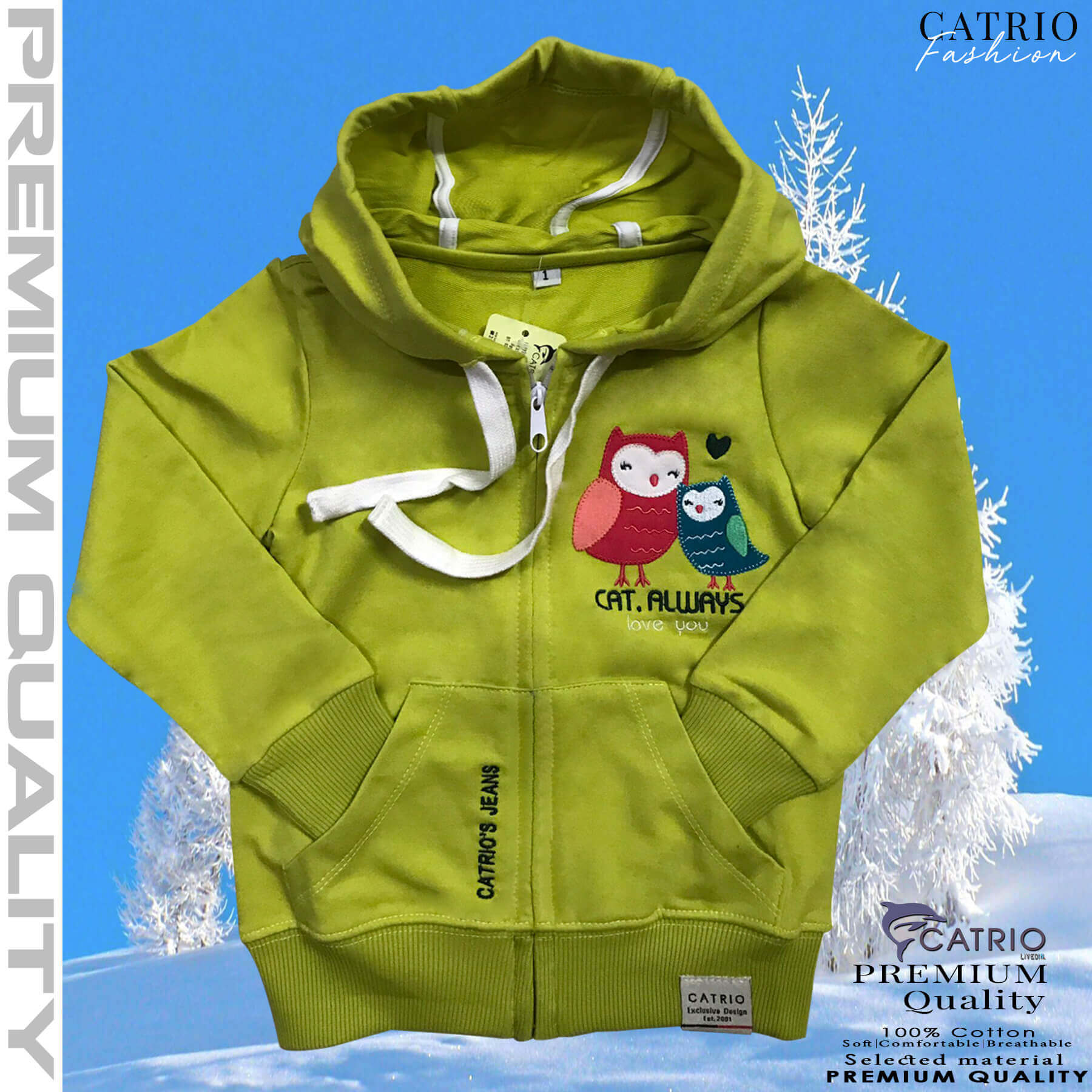 ÁO KHOÁC TRẺ EM CATRIO THÊU CHIM CÚ MÈO là áo khoác thun nhẹ cho bé từ 1 tuổi đến 8 tuổi , vải 100% cotton dệt  kiểu da cá, có mũ, có khoá kéo phù hợp bé mặc khoác ngoài khi lạnh