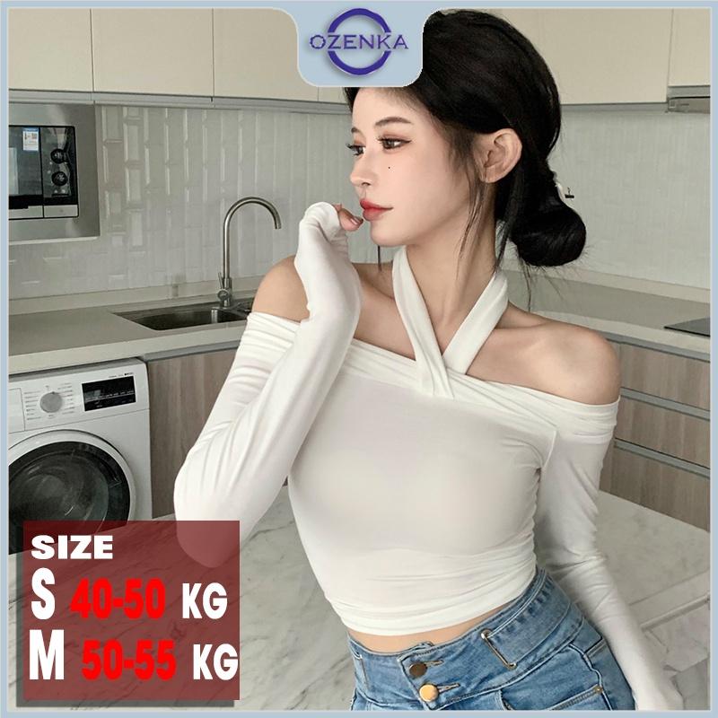 Áo croptop nữ tay dài trễ vai cổ v OZENKA , áo crt ôm body thun 100% cotton màu đen trắng gợi cảm dưới 55 kg