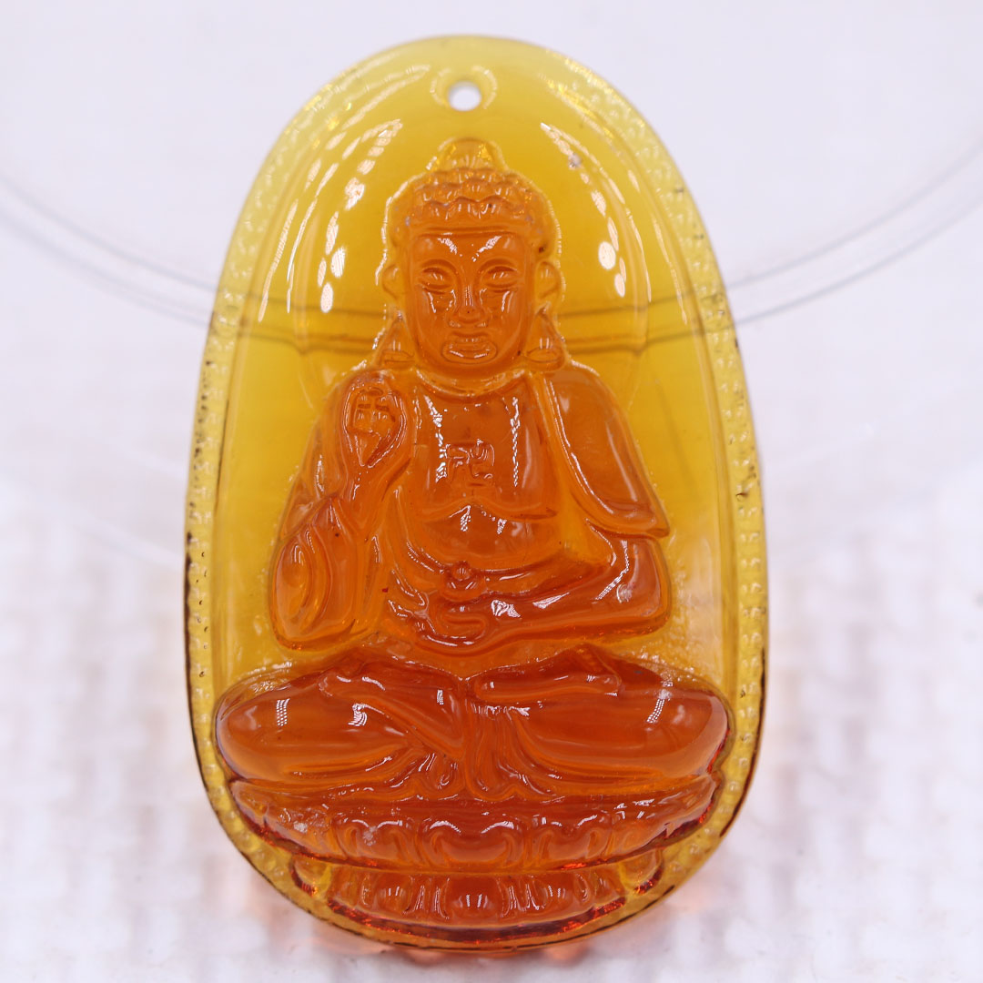 Mặt Phật A di đà pha lê cam 1.9cm x 3cm  kèm vòng cổ dây cao su đen + móc inox vàng, Phật bản mệnh, mặt dây chuyền