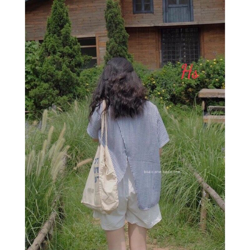 Sét Áo Sơ Mi Kẻ Xanh và Quần Sooc Trắng gam màu siêu đẹp