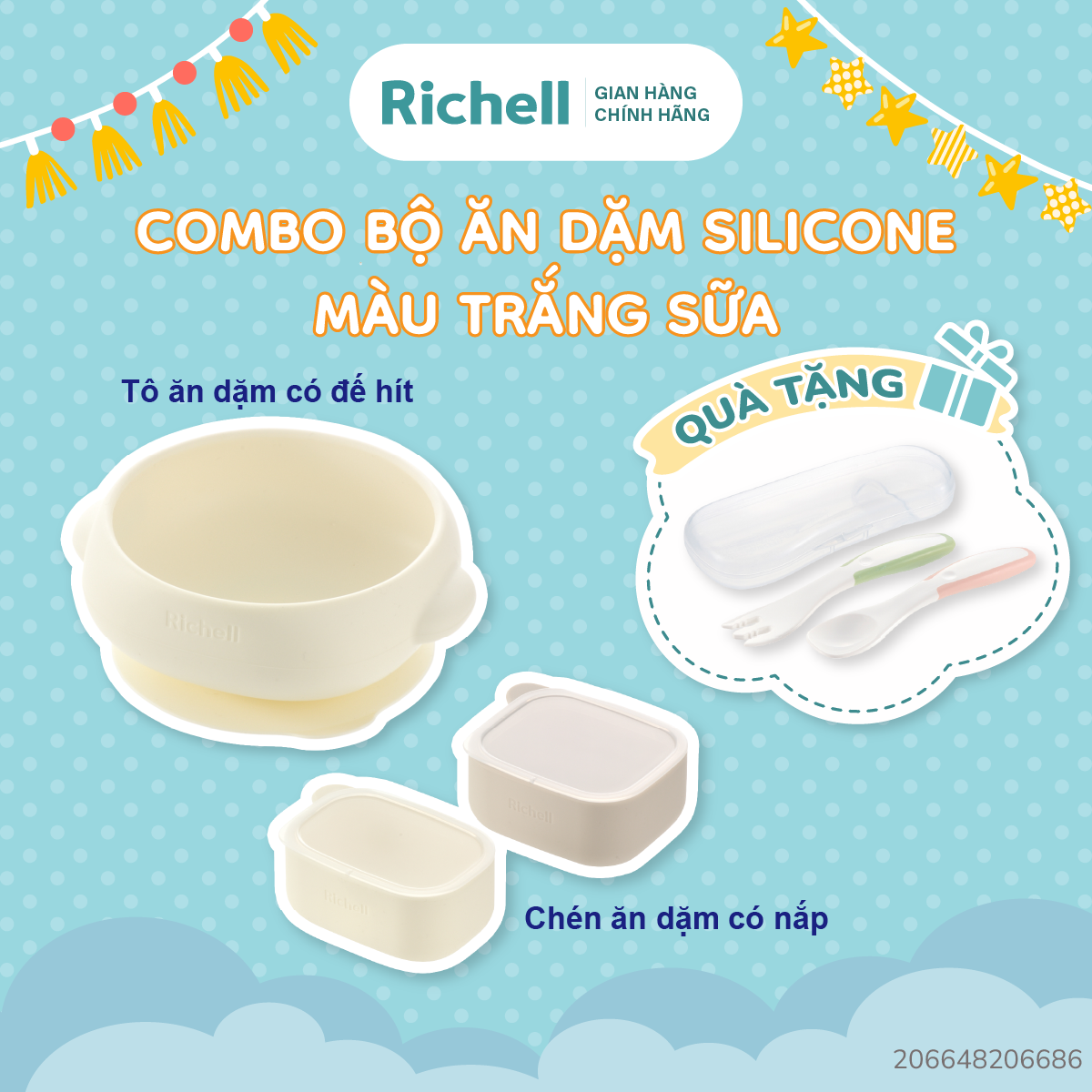 Combo Đồ dùng ăn dặm Tô có đế hít & 2 Chén ăn dặm RICHELL Nhật chất liệu Slicone Platinum | Baby