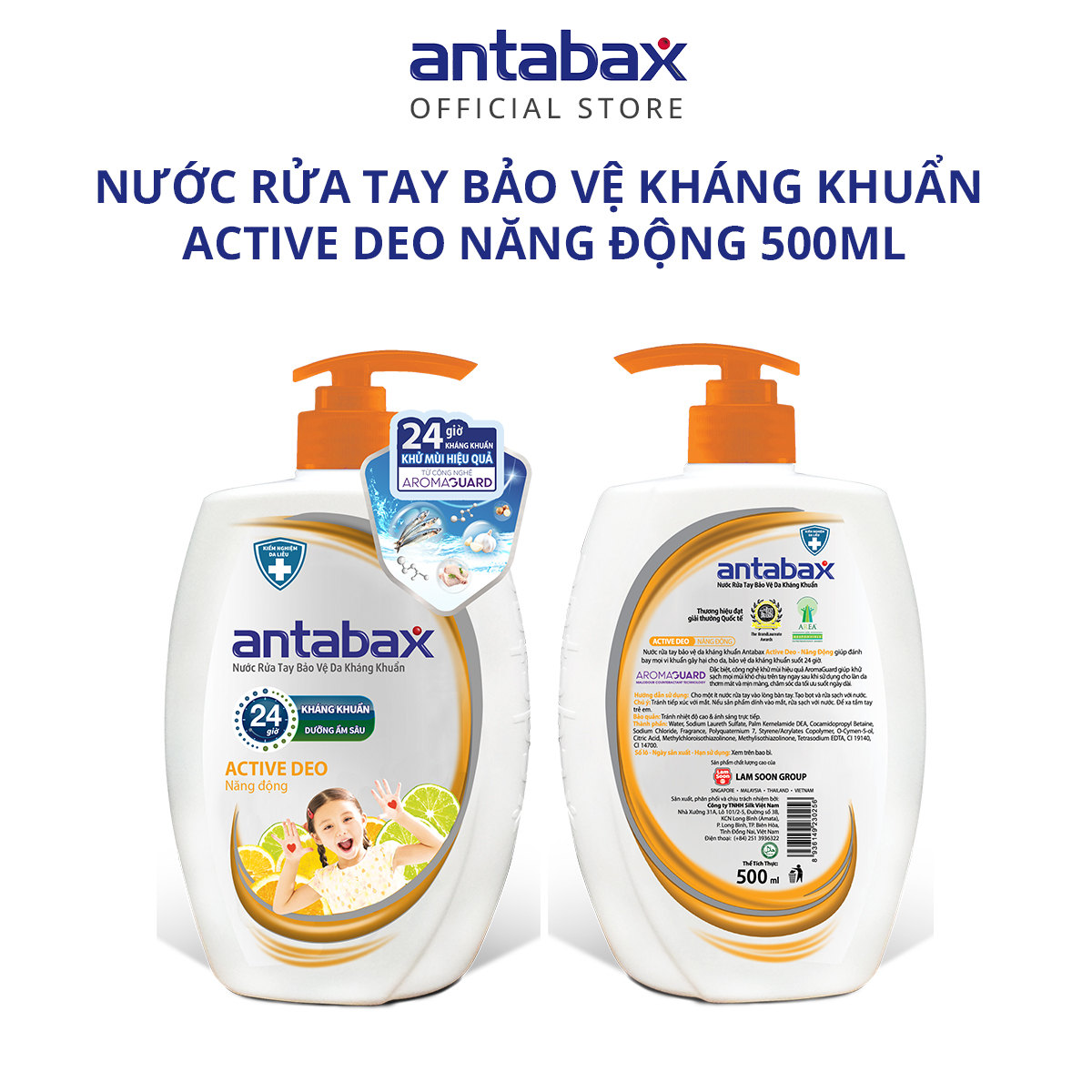 Nước Rửa Tay Bảo Vệ Da Kháng Khuẩn Antabax Active Deo Năng Động 500ml