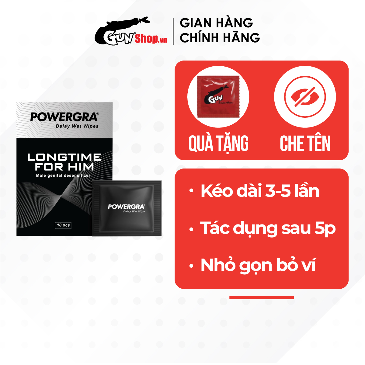 Khăn lau mini đa năng hỗ trợ nam giới Powergra Wet Wipes - Hộp 10 cái | GUNSHOP VIỆT NAM