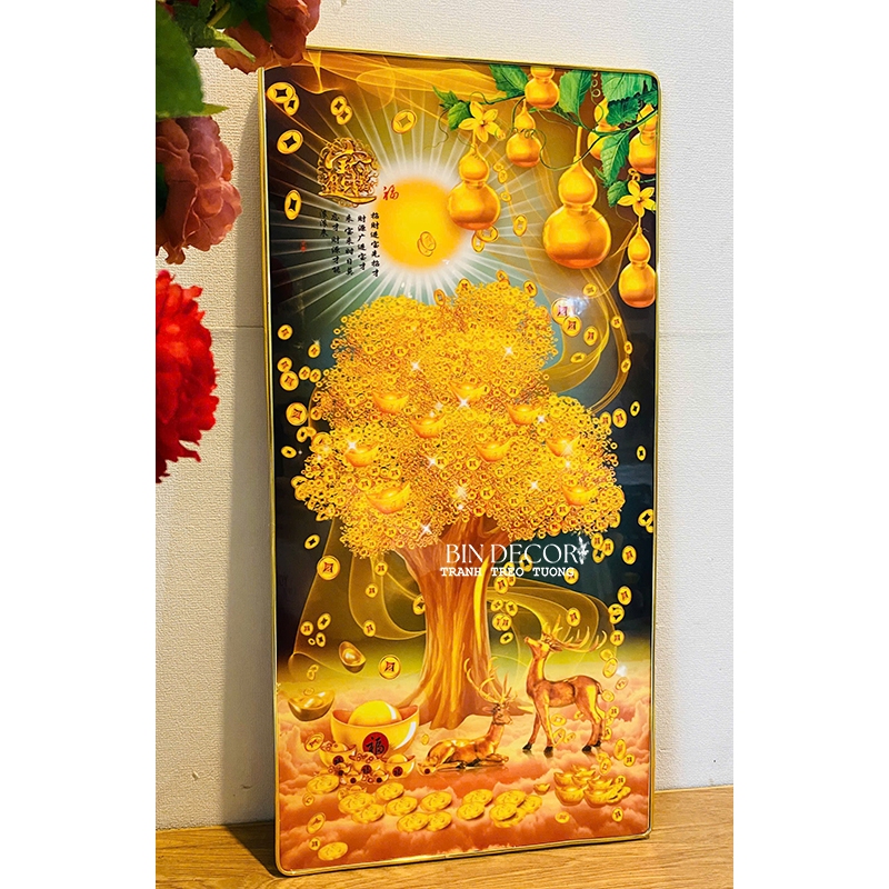 (ẢNH THẬT) Tranh treo tường tráng gương cây kim tiền vàng 5 khổ dọc trang trí decor phòng khách