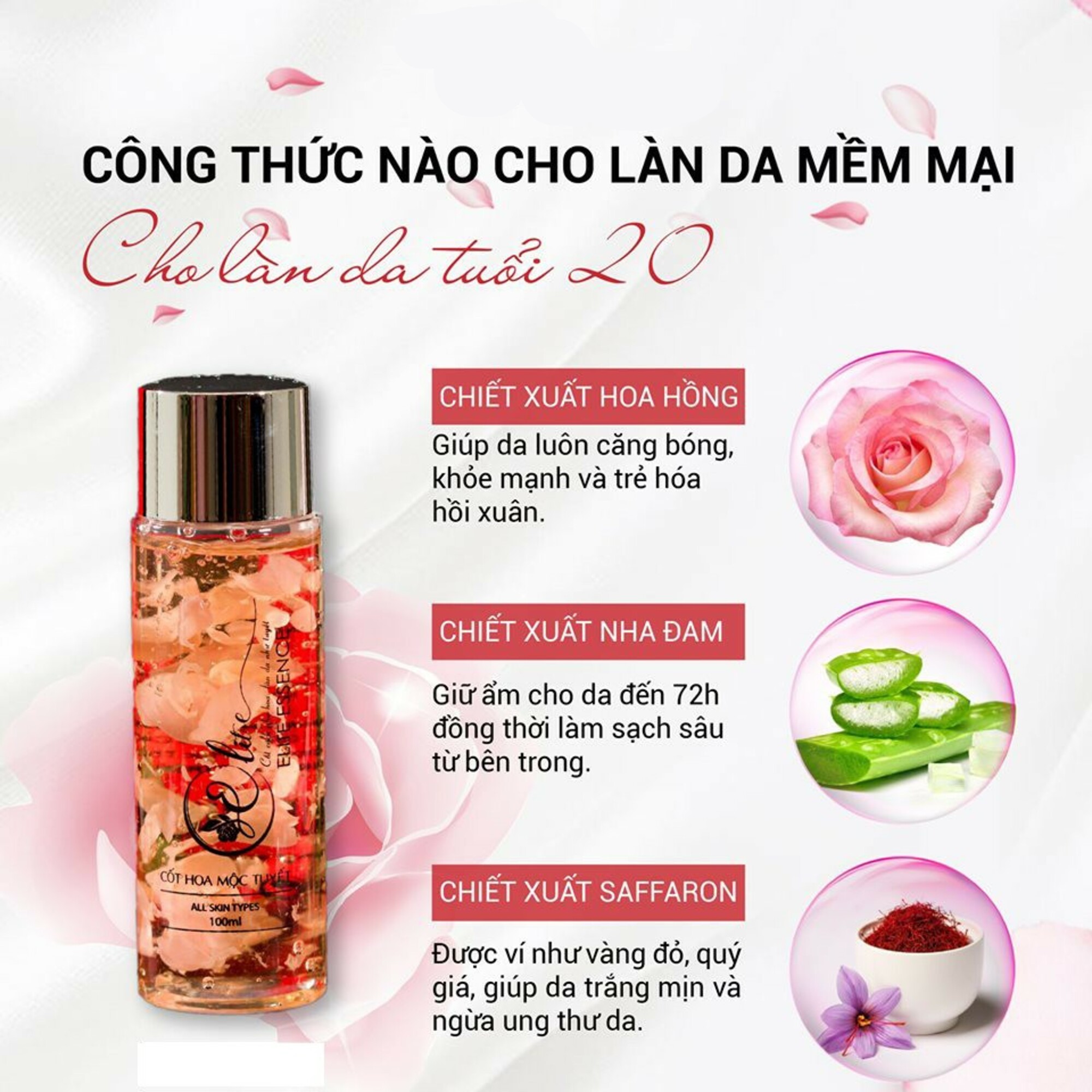 Chai Tinh Chất Essence Cốt Hoa Mộc Tuyết 100ml, Không Phải Là Toner ĐơnThuần Mà Nền Cô Đặc Hơn, Tinh Tế Hơn, Vừa Làm Sạch Cho Da Vừa Trung Hòa Lượng Kiềm Thừa Vừa Dưỡng Ẩm Giúp Da Luôn Mềm Mịn.