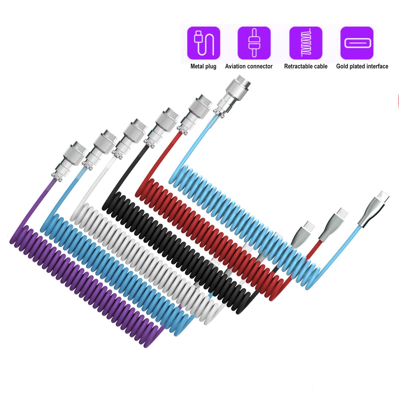 1.8M Coiled Type C USB Cable with Detachable Connector Data Line for Gaming Keyboard Smart Phone