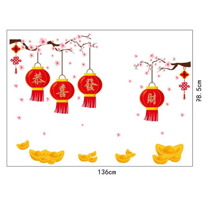 Decal trang trí Tết - Lồng đèn đỏ và nén Vàng chúc Xuân