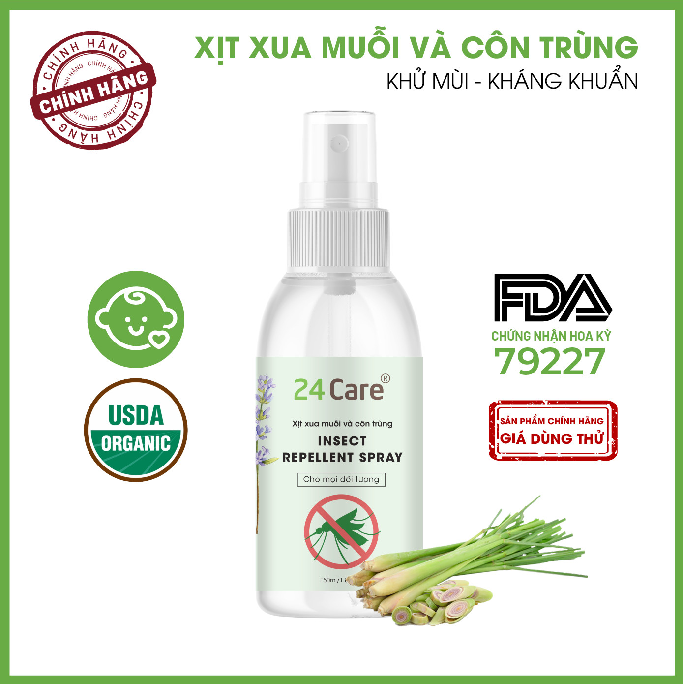 Xịt Phòng Tinh Dầu Hữu Cơ Organic 24Care - Kháng khuẩn - Khử mùi hôi - Đuổi muỗi, kiến ba khoan - côn trùng - Hương thơm thư giãn