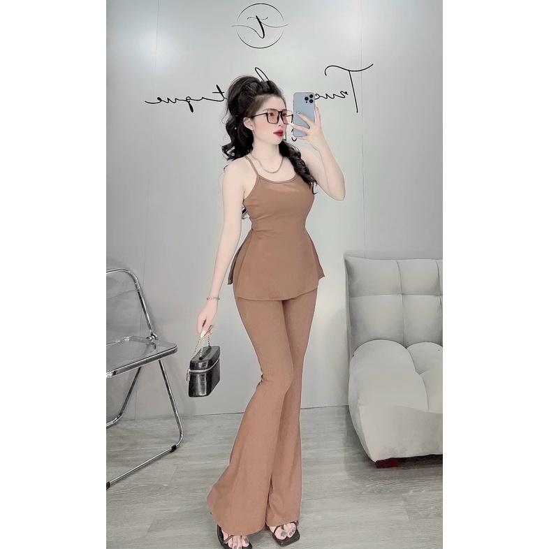 Set đồ bộ nữ body áo 2 dây xẻ tà kết hợp quần quần loe đơn giản, sexy dành cho các nàng ở nhà hoặc đi chơi