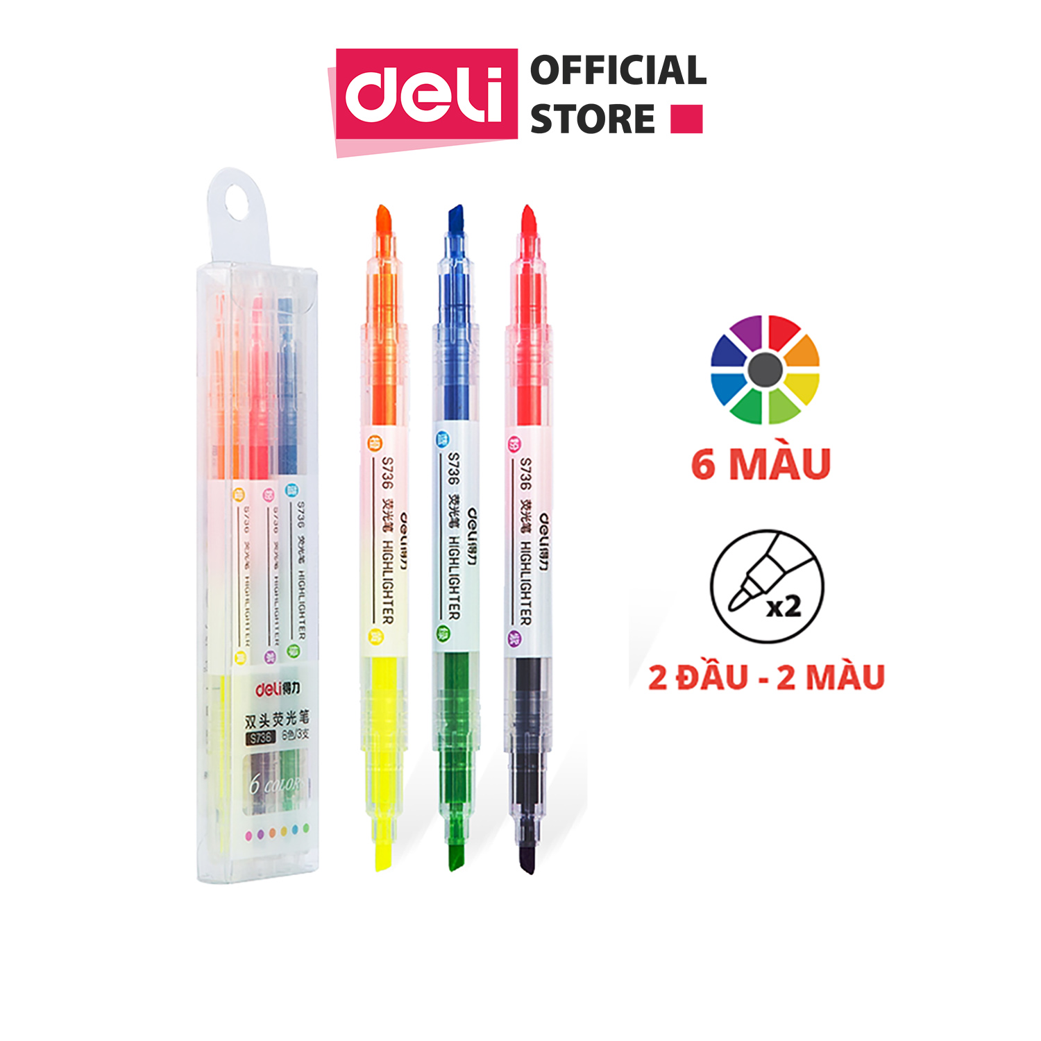 Bút highlight nhấn dòng dạ quang Deli - Cam/ Vàng/ Xanh Lá/ Hồng/ Xanh Dương - S625