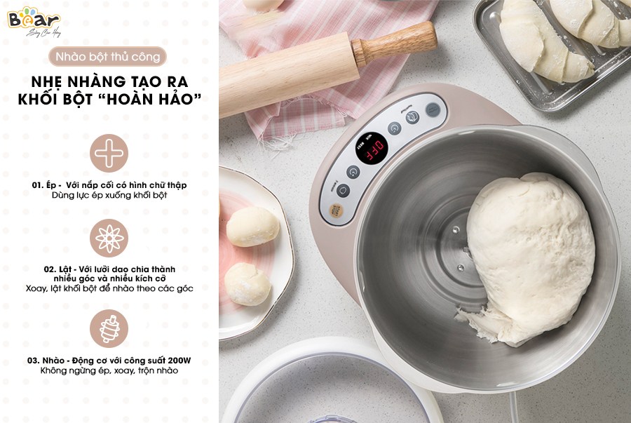 Máy Trộn Bột Ủ Bột, Máy Làm Bánh Mỳ BEAR DM-B05V1 Dung Tích 5 Lít Công Suất 200 W - Hàng Chính Hãng