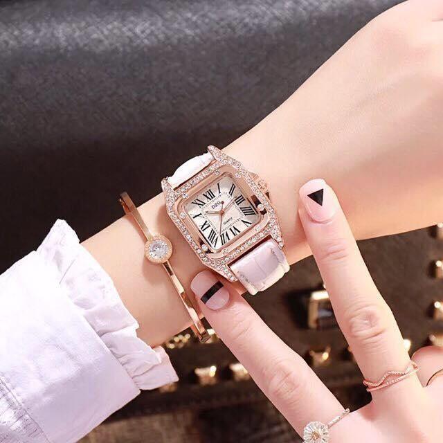 Đồng Hồ Dây Da Mặt Vuông Đính Hột Nữ DZG
