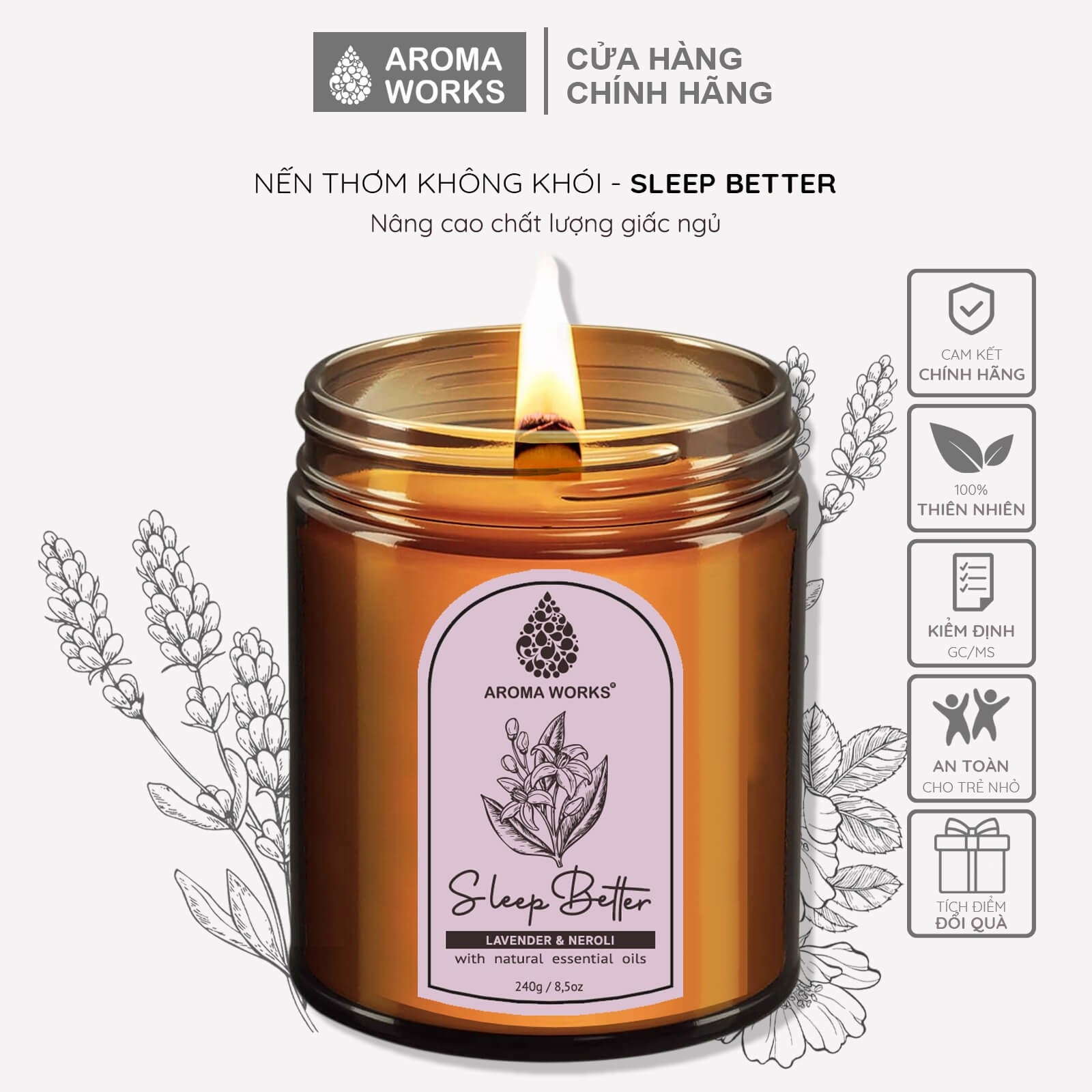 Nến Thơm Tinh Dầu Aroma Works liệu pháp mùi hương giúp dễ ngủ, thư giãn, thoải mái, lãng mạn, thiền, tăng năng lượng 240g