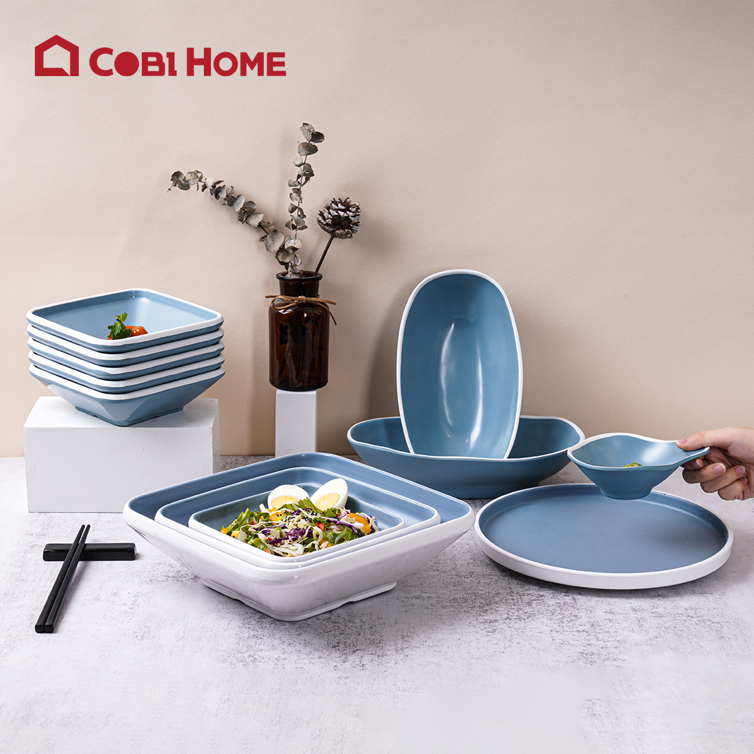 Chén vuông sâu lòng bằng malamine cao cấp màu xanh trắng Yangge - 3 size