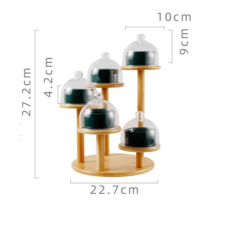 TẾT Khay đựng mứt và các loại hạt 5 tầng bằng sứ xanh - trắng - hồng , nắp chụp thủy tinh , khung gỗ chắc chắn