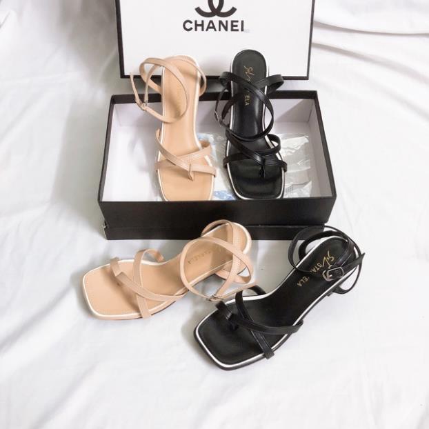 Sandal xỏ ngón đan dây da mềm gót 5 phân