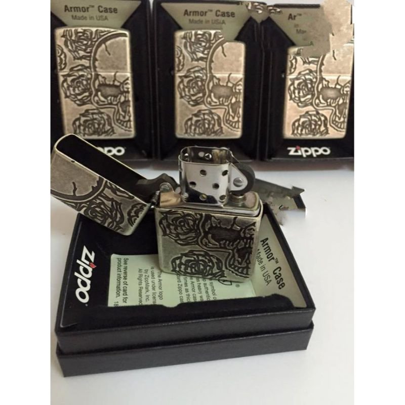 Bật Lửa Zippo Armor Skull Roses Antique Silver Plate Chính Hãng Usa