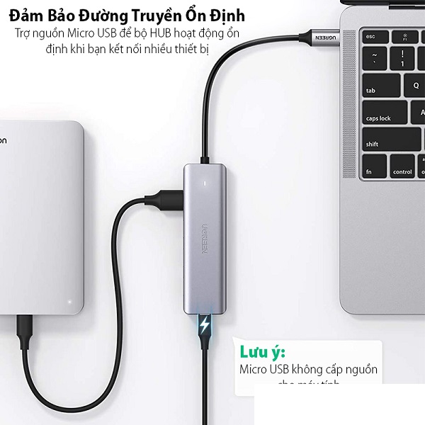 HUB USB TYPE-C SANG 4 CỔNG USB 3.0 UGREEN 70336, CÓ CỔNG TRỢ NGUỒN MICRO USB - Hàng chính hãng