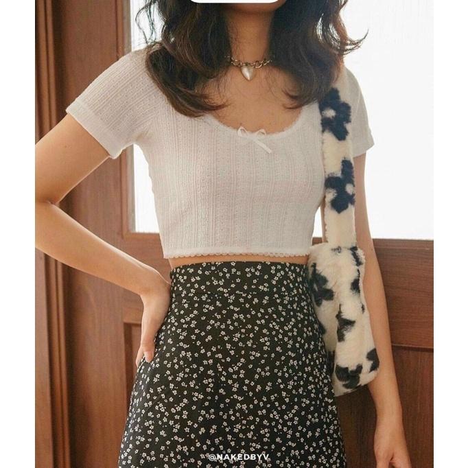 Set Áo Crop Trắng Thêu Nổi + Chân Váy Midi Hoa - Kèm Ảnh Thật
