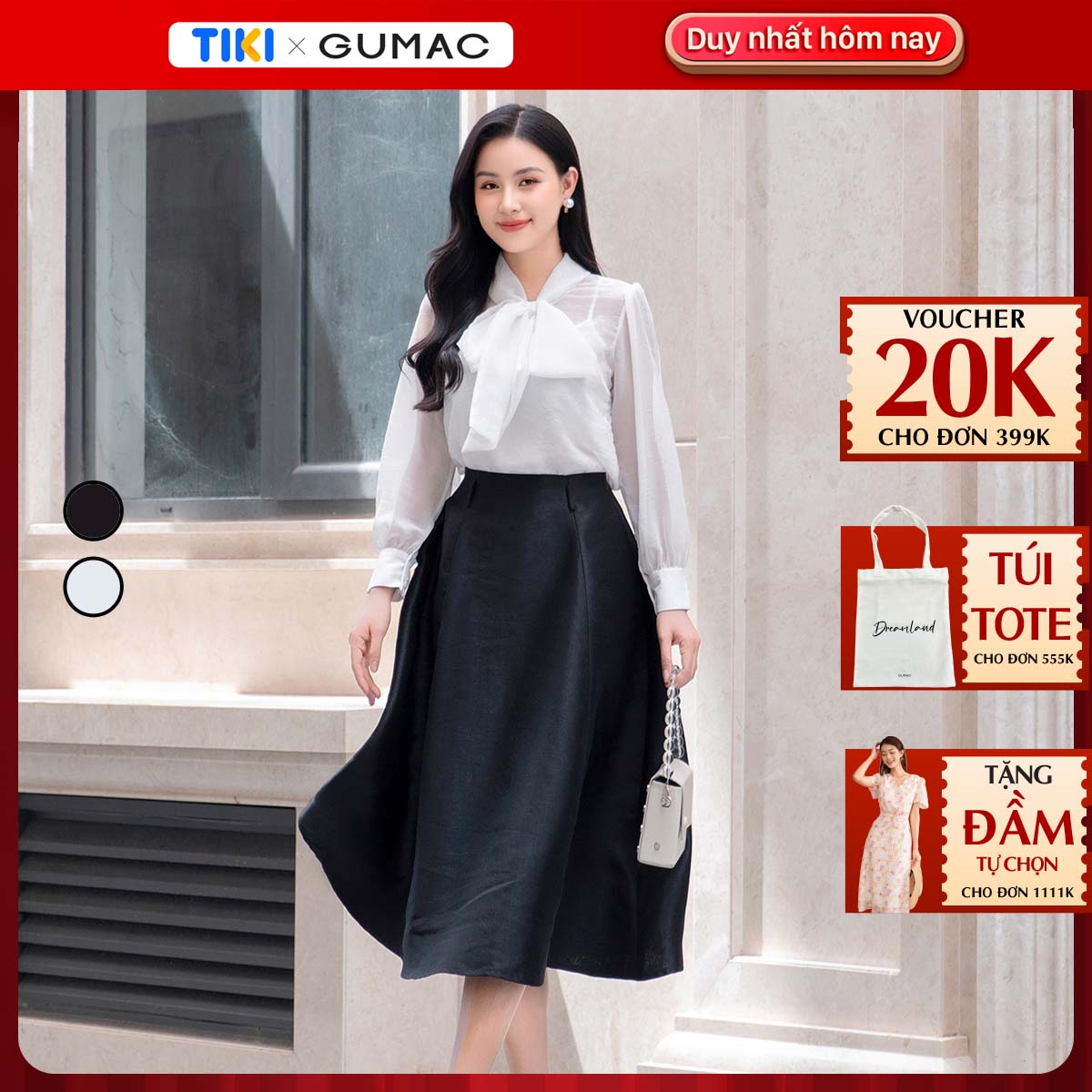 Chân váy A xòe rộng, lưng liền rã dọc thân váy trước và sau tạo phom bồng bềnh GUMAC VD10060