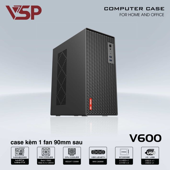 VỎ CASE VĂN PHÒNG V600 - VỎ CASE MÁY TÍNH ( USB 3.0, SPCC 0.8MM, KÈM 1 FAN 9CM )- ĐEN - JL - HÀNG CHÍNH HÃNG