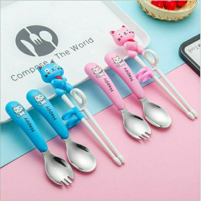 Hộp Thìa Dĩa Đũa Tập Ăn Inox 304 Happy Cat