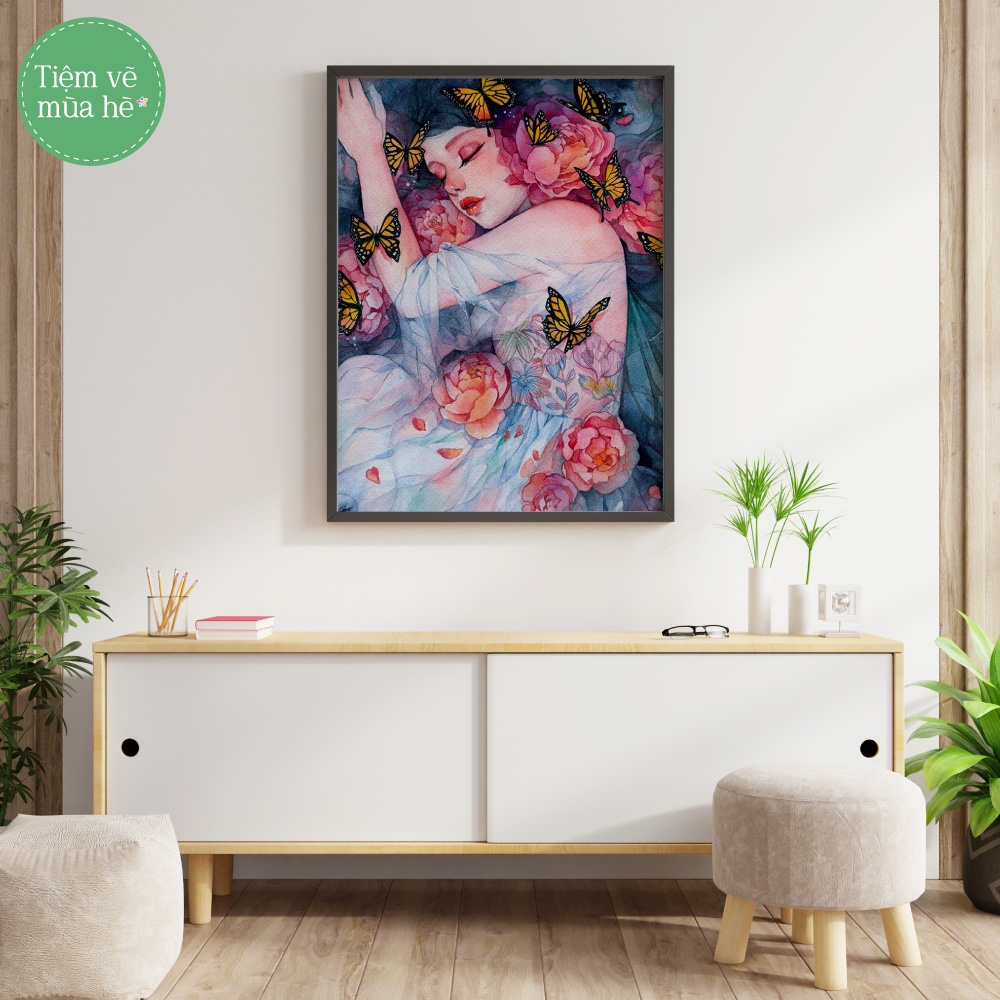 Tranh số hóa - Cô gái cánh bướm đã căng khung 40x50cm 28 màu