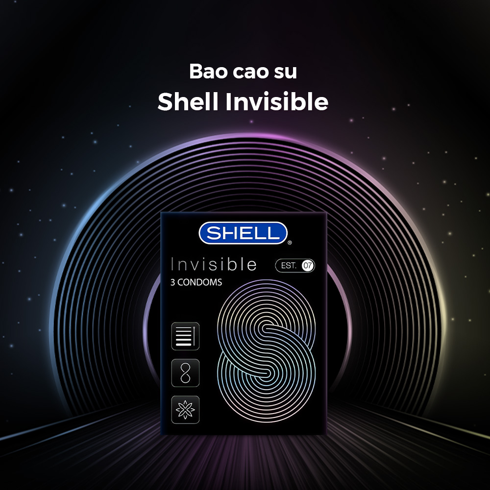 Bao cao su Shell Invisible siêu mỏng, chống tuột, kéo dài thời gian - Hộp 3 cái | SHELL CHÍNH HÃNG