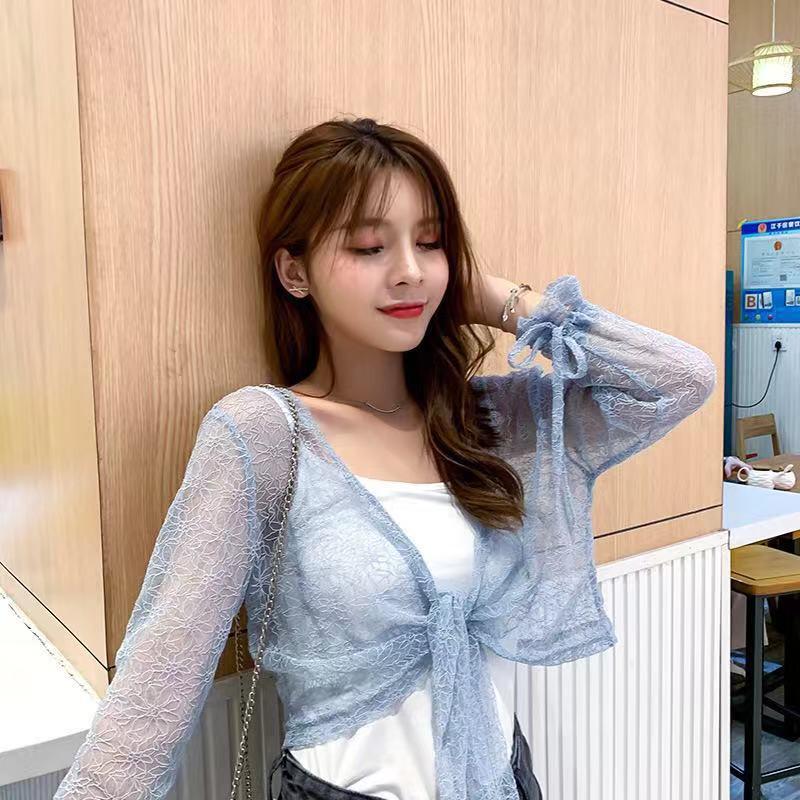Áo Khoác Ren Mỏng Cột Nơ Tay Dài
