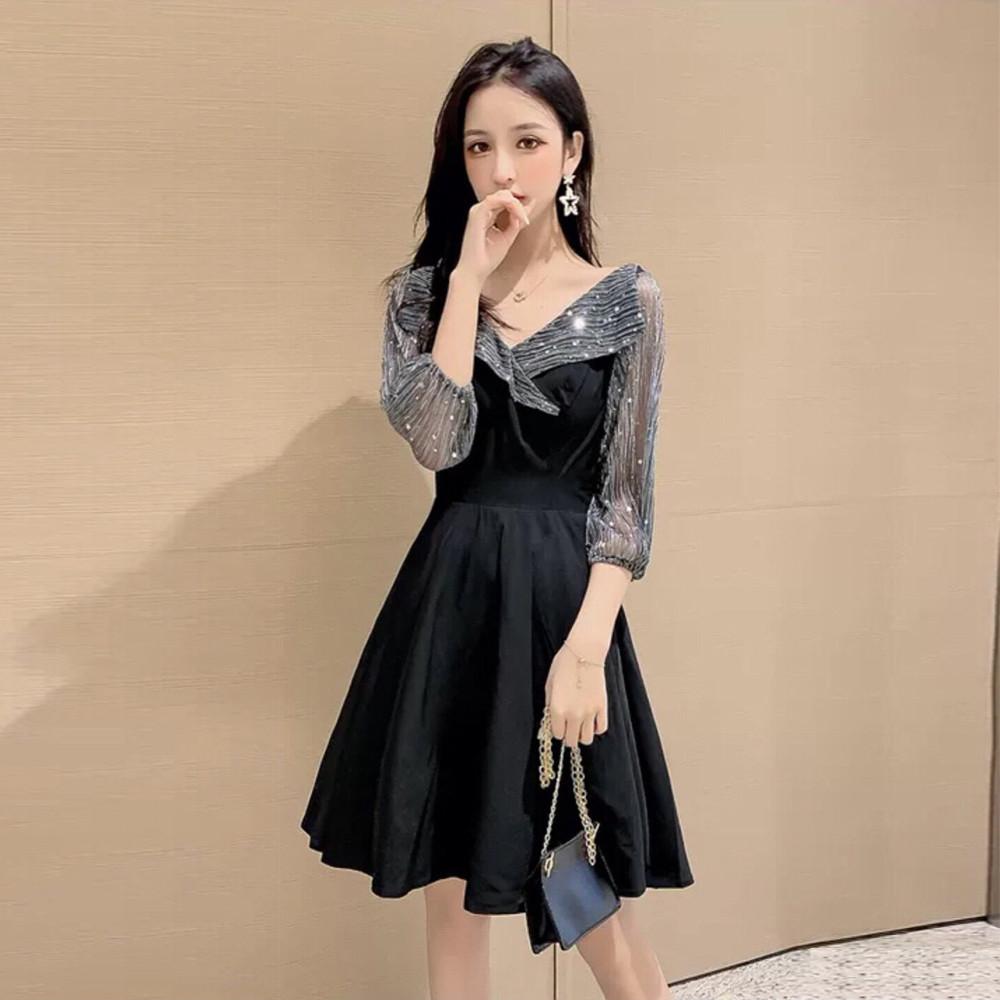 Đầm Xòe Đen Phối Kim Tuyến  - Size M