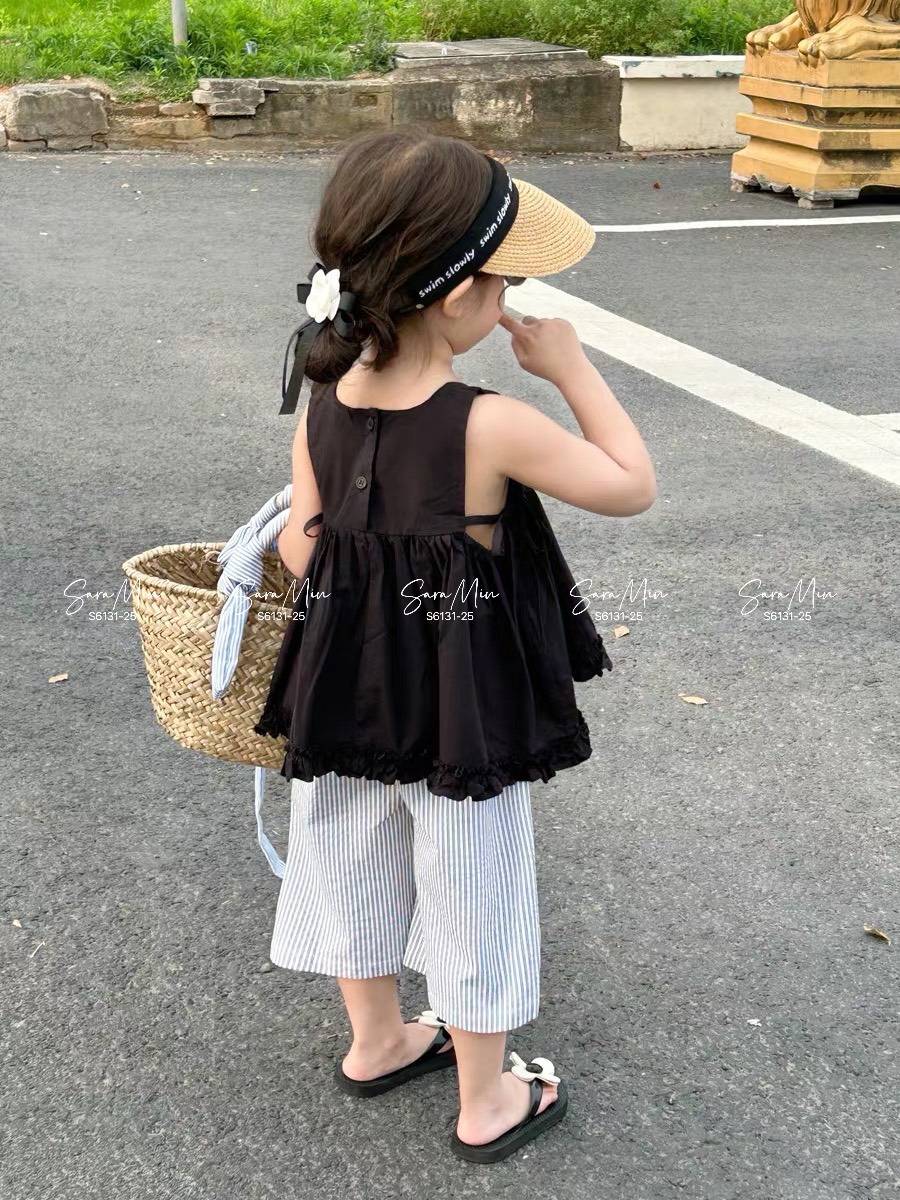 [Từ 1 đến 12 tuổi] Sét tiểu thư đen xoè bèo đẹp sang kiểu Vintage chất thô cotton dáng siêu yêu bé gái đến 45kg