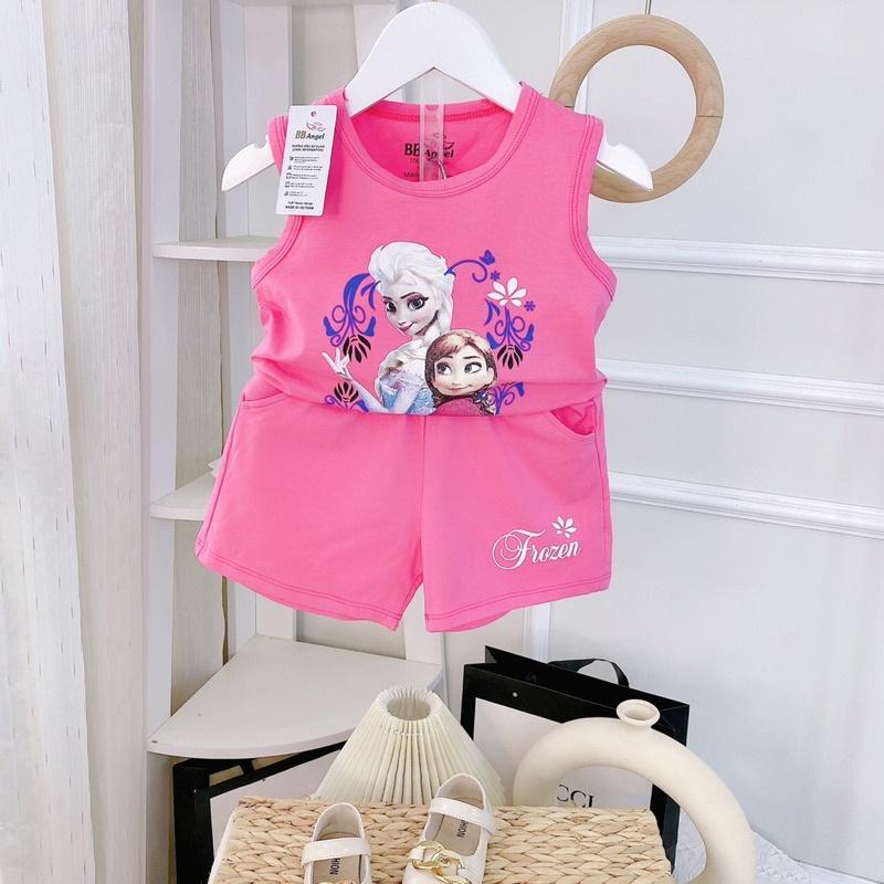 Bộ cotton sát nách bé gái in hình công chúa Elsa, anna màu vàng, hồng đào, hồng nhạt size 10-22kg