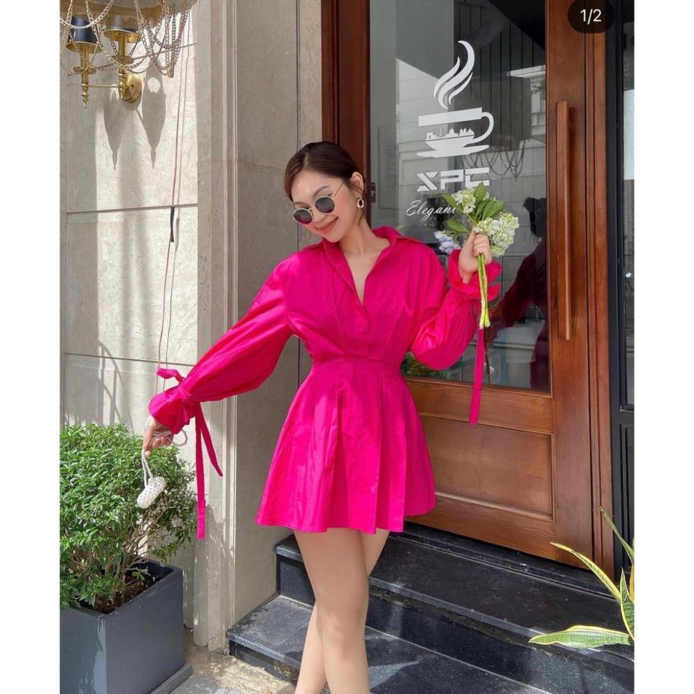 Đầm cổ sơ mi tay dài nơ hồng cánh sen