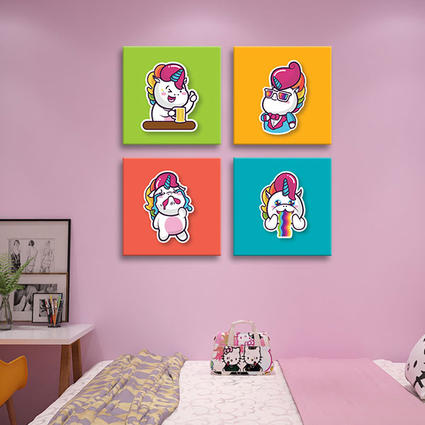 Bộ 4 Tranh Phòng Ngủ Trẻ Em Dễ Thương Canvas Có Viền W1189