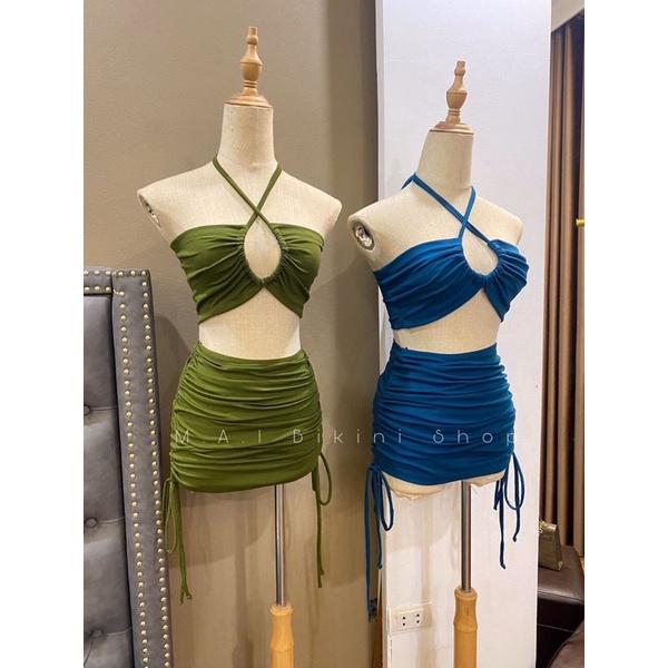 Bikini nữ 2 mảnh áo quây cột dây mix quần váy dây rút hottrend 2022 (mặc được nhiều kiểu)