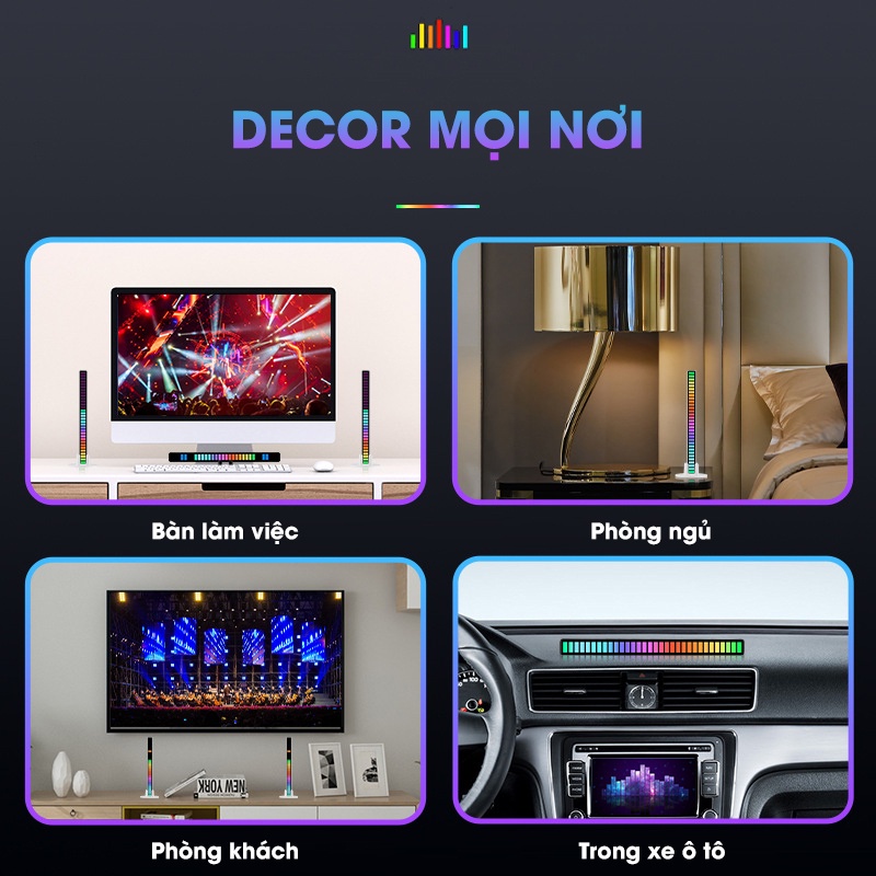 Thanh đèn LED RGB nháy theo nhạc cảm ứng âm thanh 32 hạt LED 16 triệu màu không app dùng trang trí máy tính, decor phòng, gắn trong ô tô