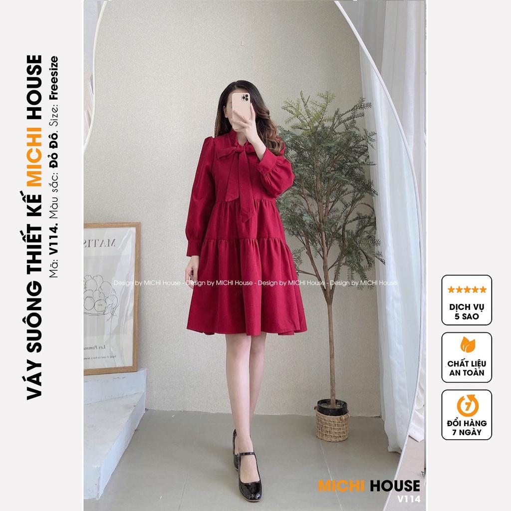 Váy Suông Babydoll Dáng Dài Xuông Rộng MICHI House V114 Đầm Nhung Xuông Thiết Kế Dài Tay Cổ Nơ Xinh