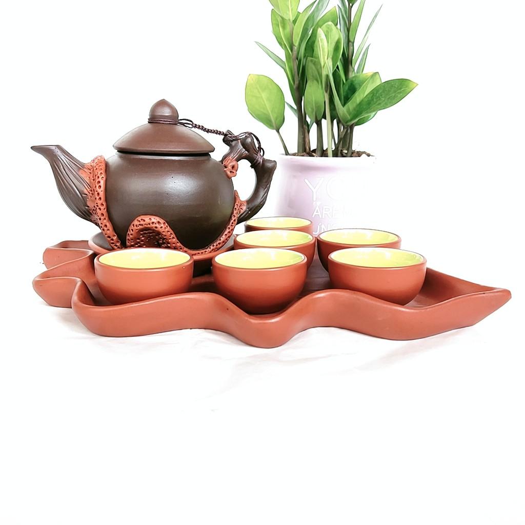 Bộ ấm trà tử sa - Ấm nâu đắp hoa đỏ khay hình lá tuyệt đẹp - Dung tích 500 ml