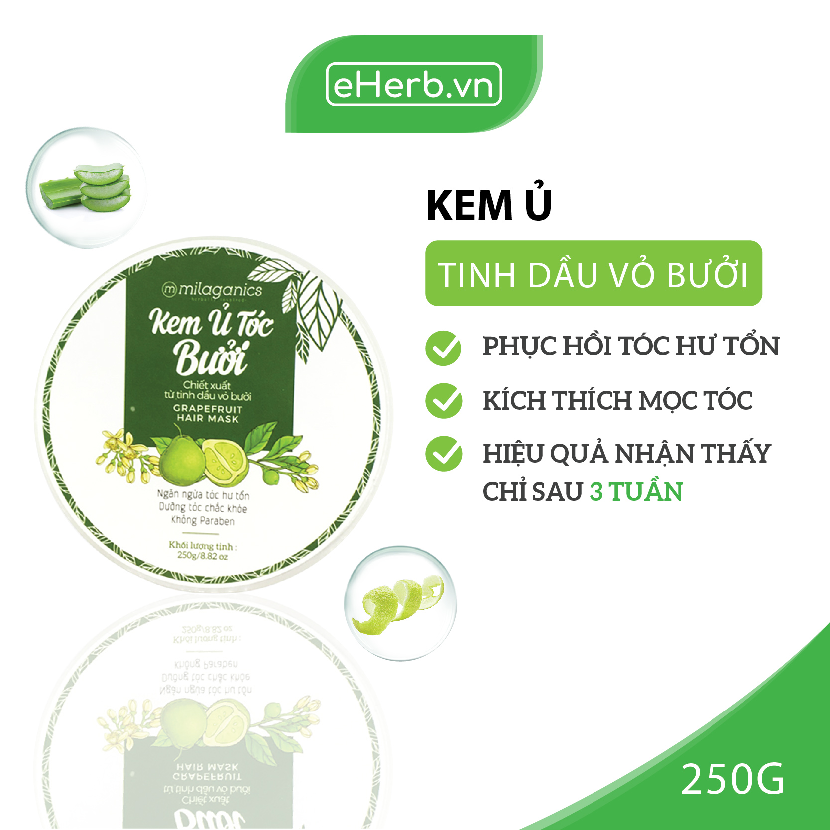Kem Ủ Tóc Bưởi Phục Hồi Tóc Hư Tổn, Kích Thích Mọc Tóc Từ Tinh Dầu Bưởi Nguyên Chất MILAGANICS 250gr