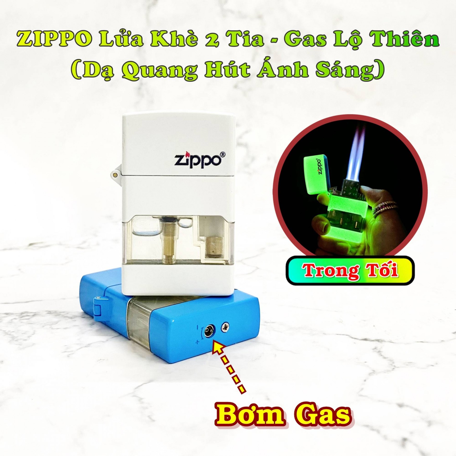 Hột Quẹt Bật Lửa khè 2 tia gas lộ thiên dạ quang ánh sáng - xài gas