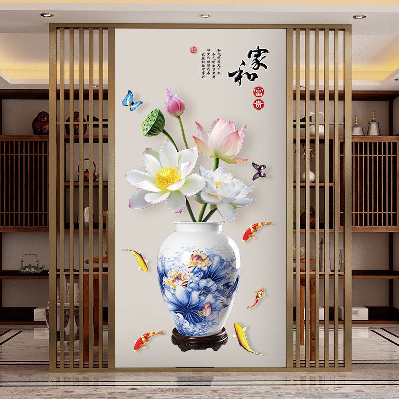 Decal dán tường 3D combo chim công và bình sen xanh sang trọng
