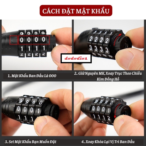 Khóa Dây Xe Đạp 4 Số Lõi Thép Đường Kính 12mm Chống Trộm Siêu Bền Dài 40cm - Chính hãng dododios