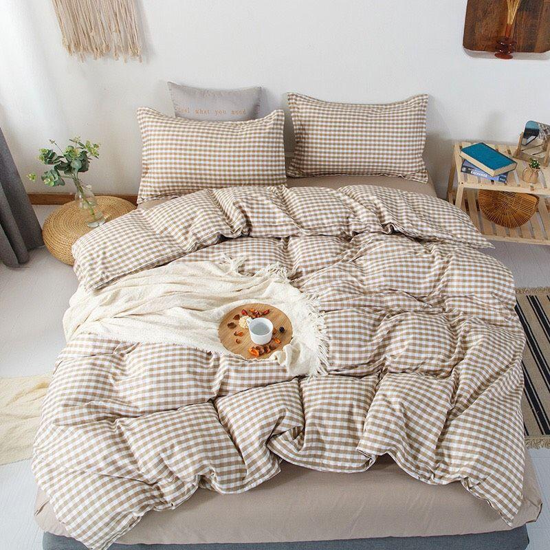 Bộ chăn ga gối caro be Cotton Poly cao cấp LEEBedding, chăn ga Hàn Quốc, miễn phí bo chun drap ga giường theo yêu cầu