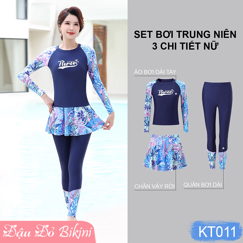 Bộ đồ bơi trung tuổi kín chống nắng, áo bơi dài tay cho mẹ và bà, quần dài mix cùng chân váy rời tránh lộ bụng, chất đẹp | KT011