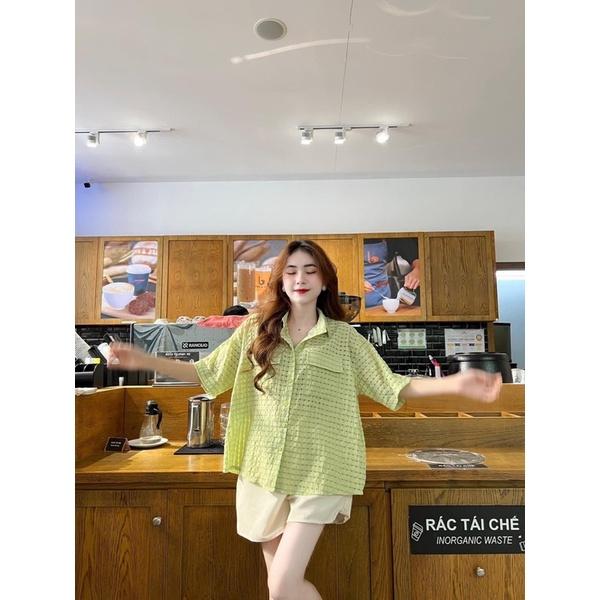 trucmy2205 - Set sơ mi caro xanh cốm mix quần sooc, freesize 40-55kg, tuỳ chiều cao - HÌNH SÀN CHỤP THẬT