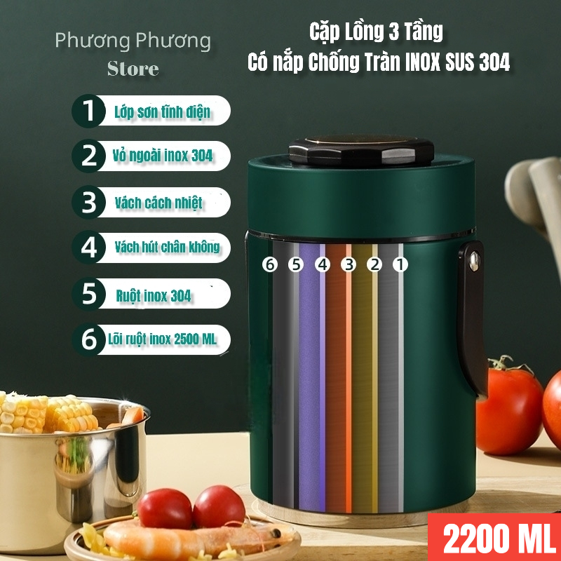CẶP LỒNG, CAMEN 3 TẦNG NẮP CHỐNG TRÀN GIỮ NHIỆT CAO CẤP INOX 304 DUNG TÍCH 2,2L HÀNG SIÊU ĐẸP