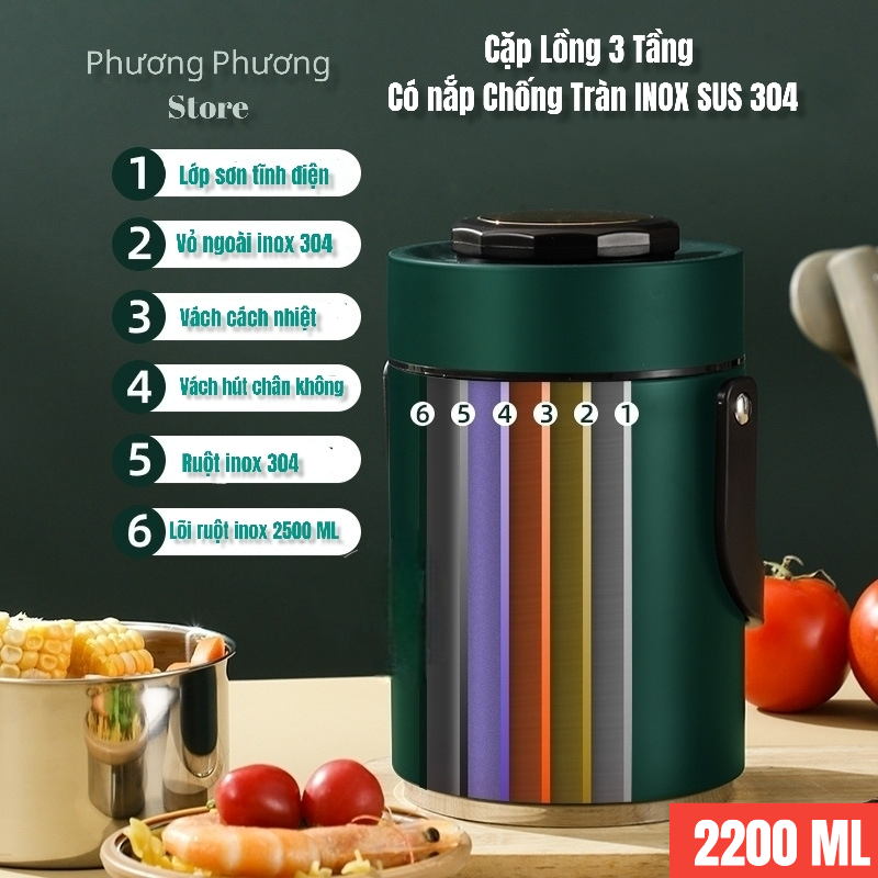 Hình ảnh CẶP LỒNG, CAMEN 3 TẦNG NẮP CHỐNG TRÀN GIỮ NHIỆT CAO CẤP INOX 304 DUNG TÍCH 2,2L HÀNG SIÊU ĐẸP 